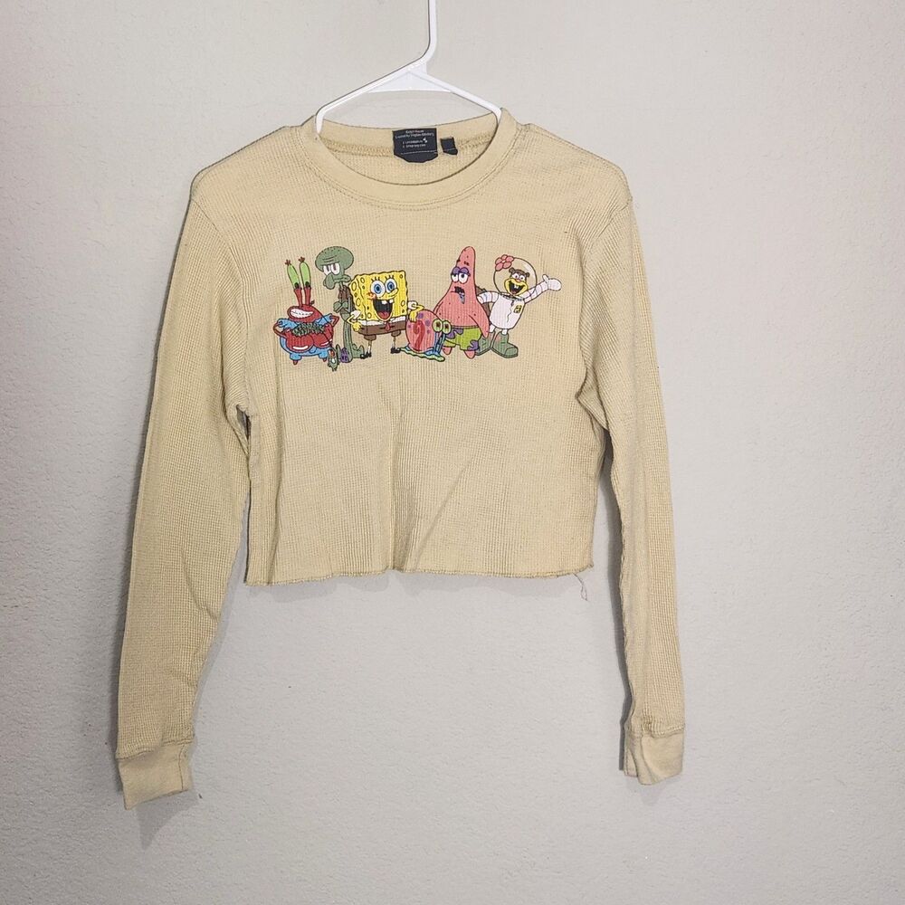 Nickelodeon SpongeBob Friends Thermal Crop Top Womens Small Long Sleeve Beige